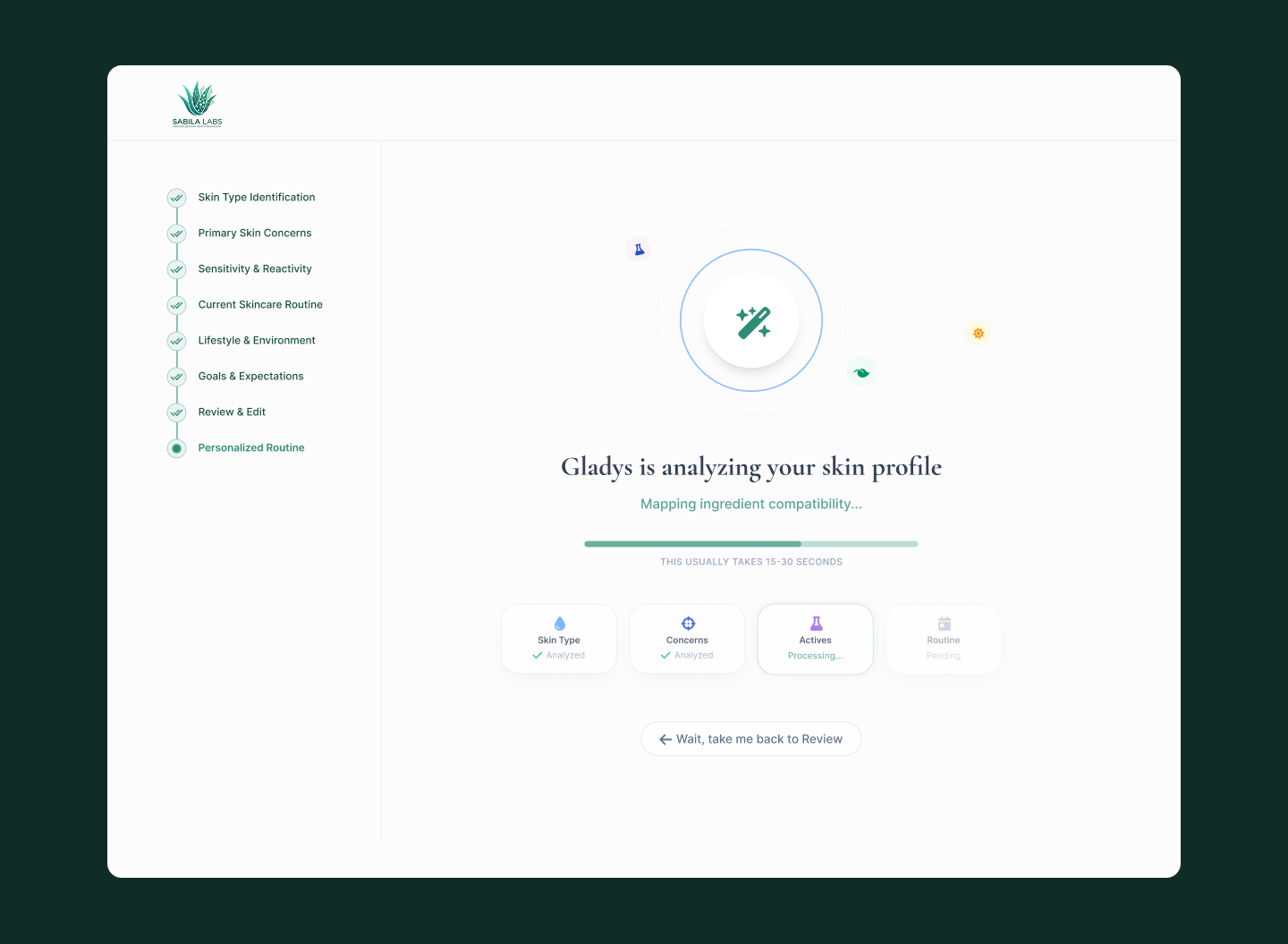 Gladys AI — analyzing skin profile loading state